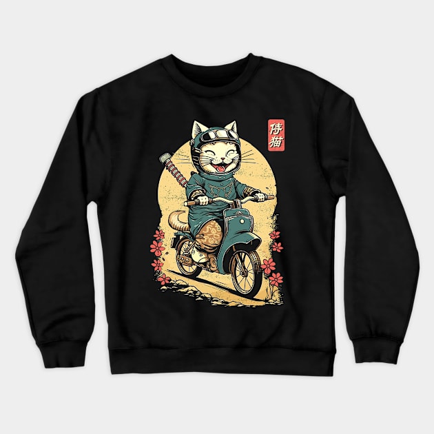 Japanese Samurai Cat on Motorcycle Kawaii Ninja Cat Crewneck Sweatshirt by Apocatnipse Meow